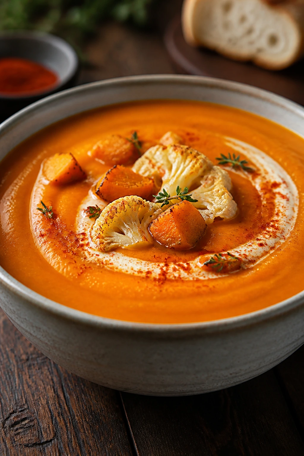 Bright orange sweet potato cauliflower soup with smoked paprika in a bowl