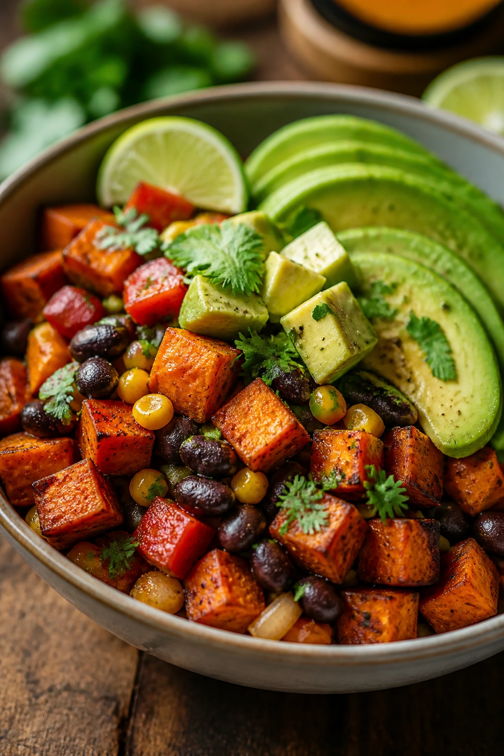 Colorful sweet potato taco bowl with beans, corn, and avocado