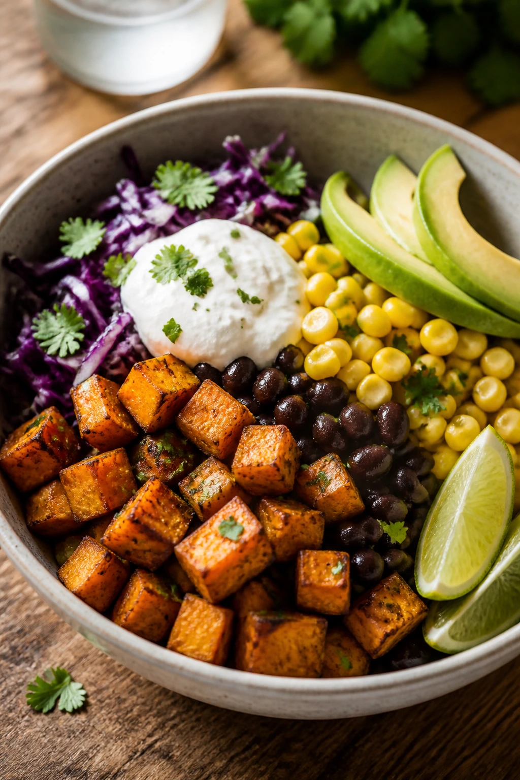 Close-up of a bowl of Sweet Potato Taco Bowls with Black Beans and Corn with avocado and yogurt toppings