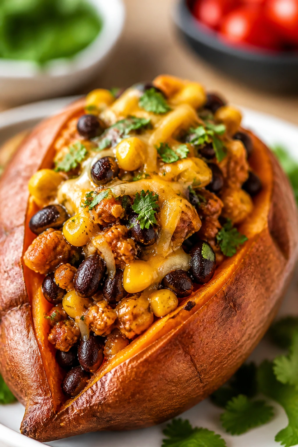 Close-up of taco stuffed sweet potato half with black beans and corn on a plate