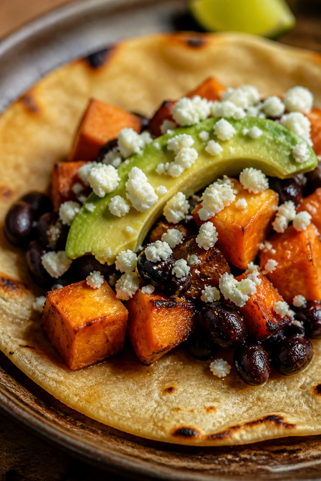 Close-up of a sweet potato and black bean taco with avocado and cotija