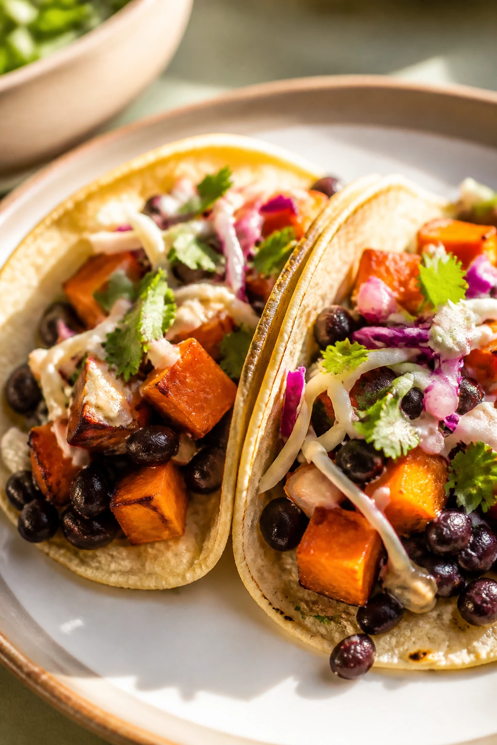 Close-up of Sweet Potato Black Bean Tacos on a bright plate