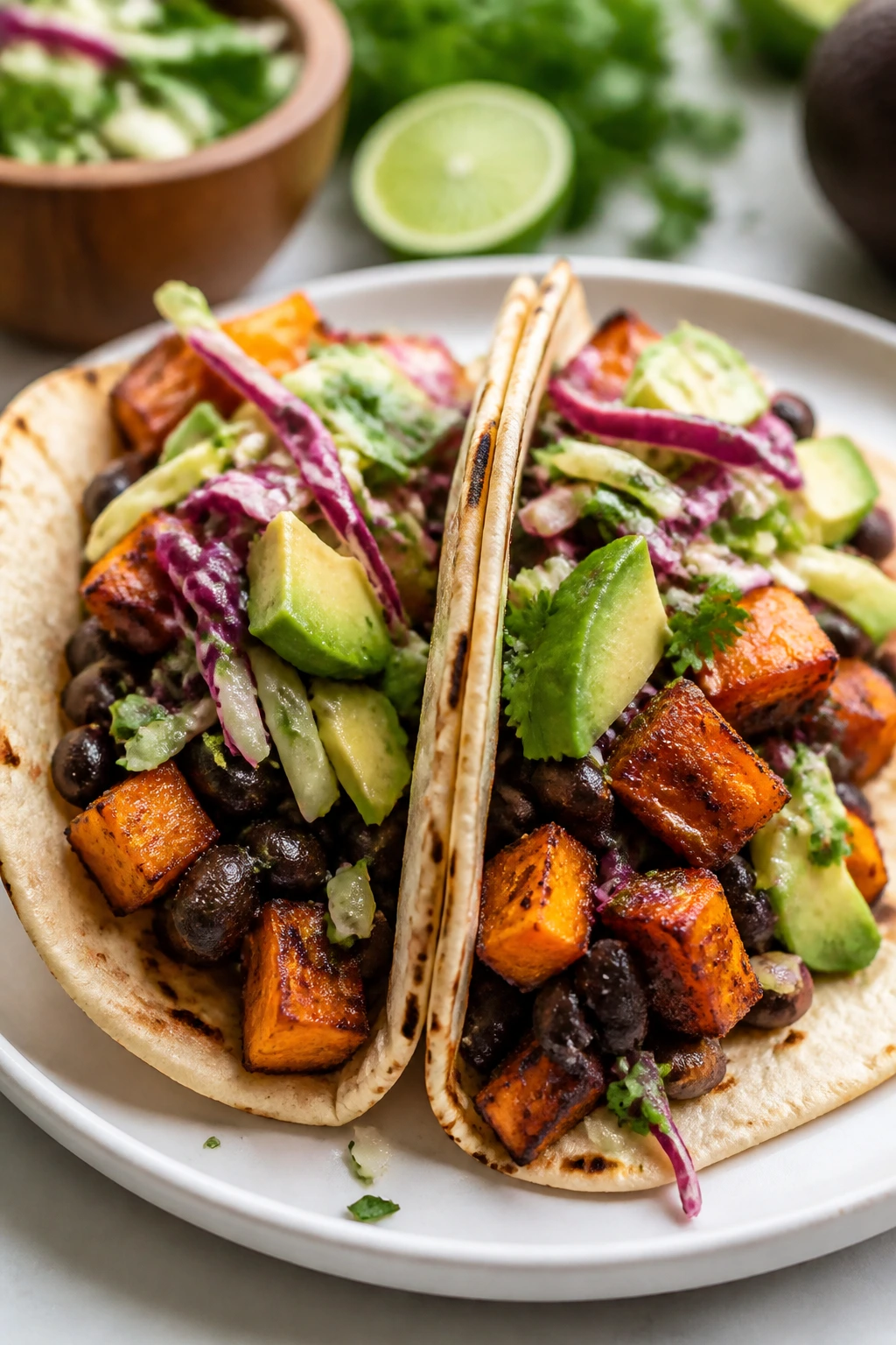 Two sweet potato black bean tacos with slaw and avocado
