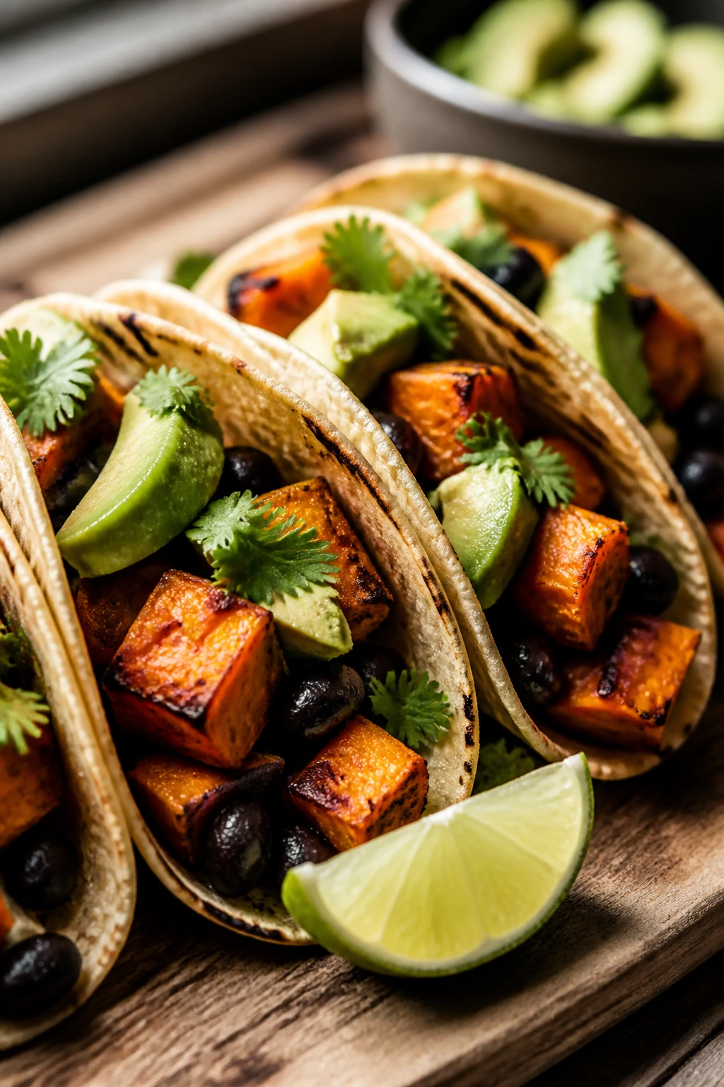 Close-up of sweet potato and black bean tacos with avocado on a rustic board