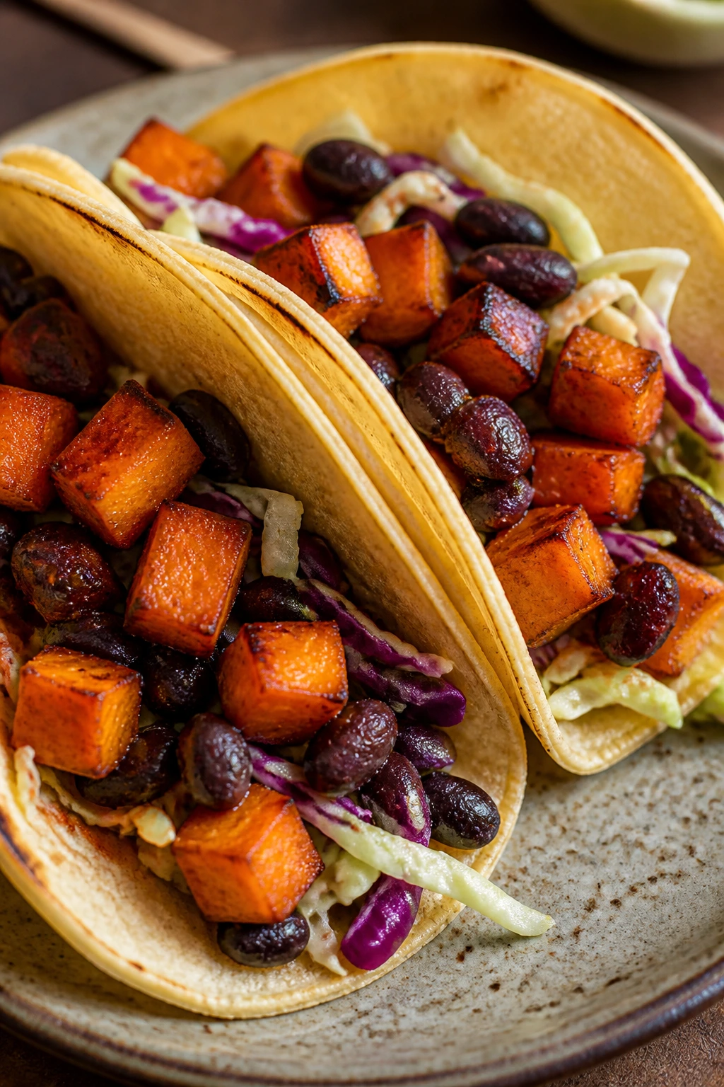 Close-up sweet potato black bean tacos on a plate
