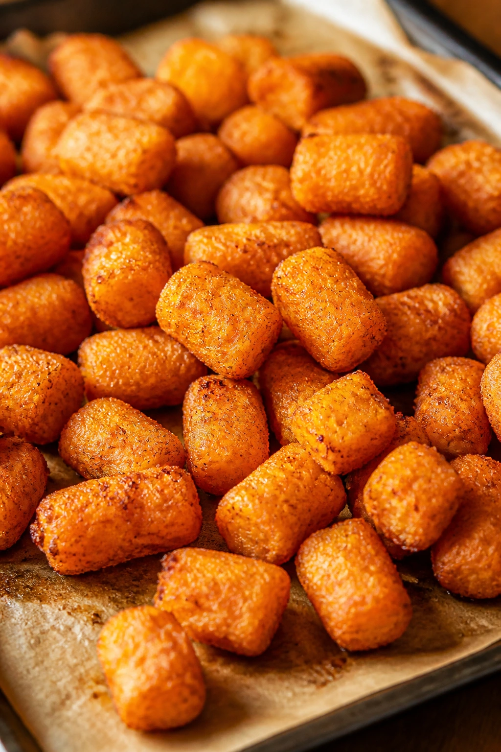 Close-up of sweet potato tater tots on a baking sheet