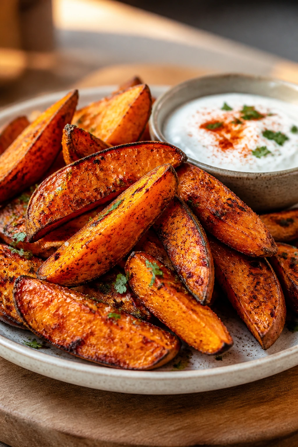 Sweet potato wedges with paprika and yogurt dip