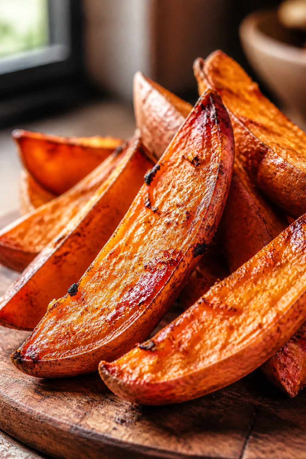 Close-up of sweet potato wedges with smoked paprika on a wooden board