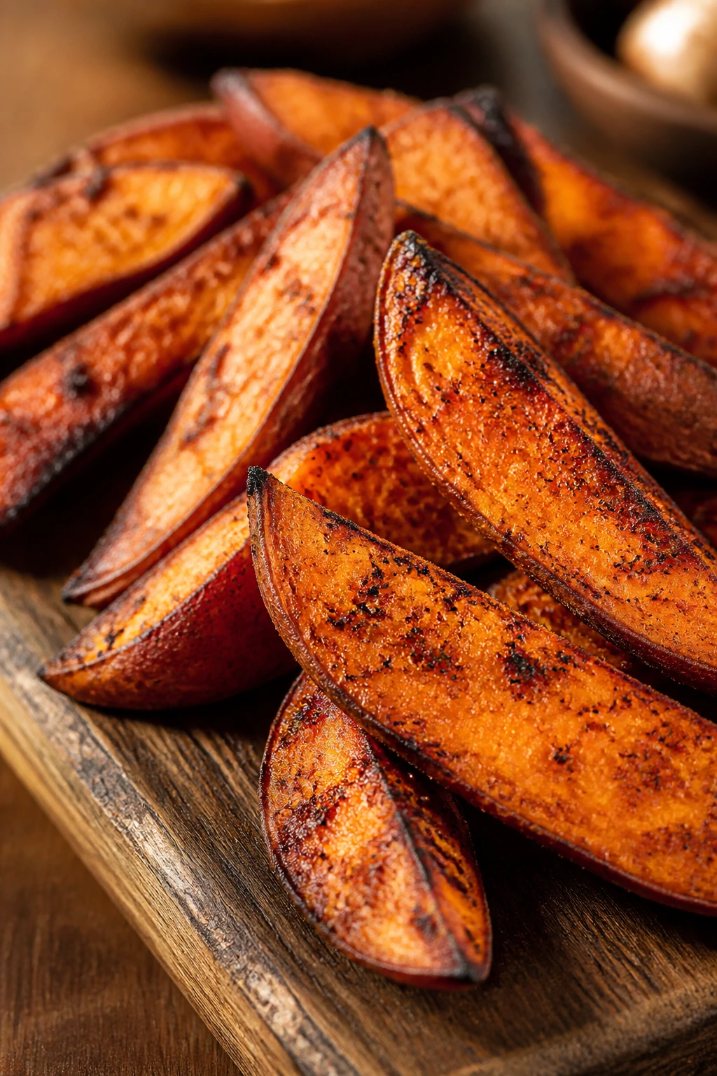 Smoky sweet potato wedges on wooden board