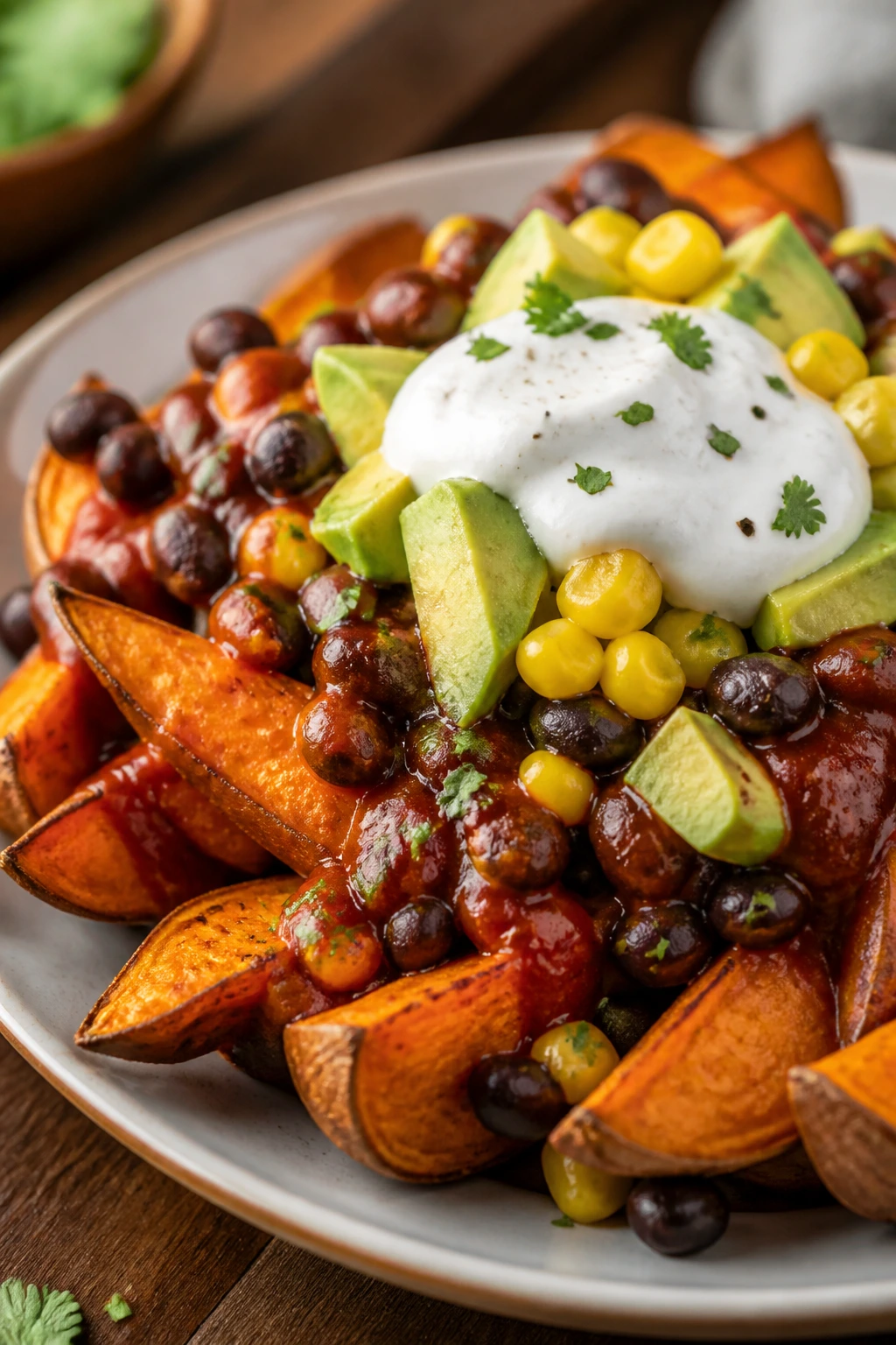 Plate of loaded BBQ sweet potato wedges with beans, corn, avocado