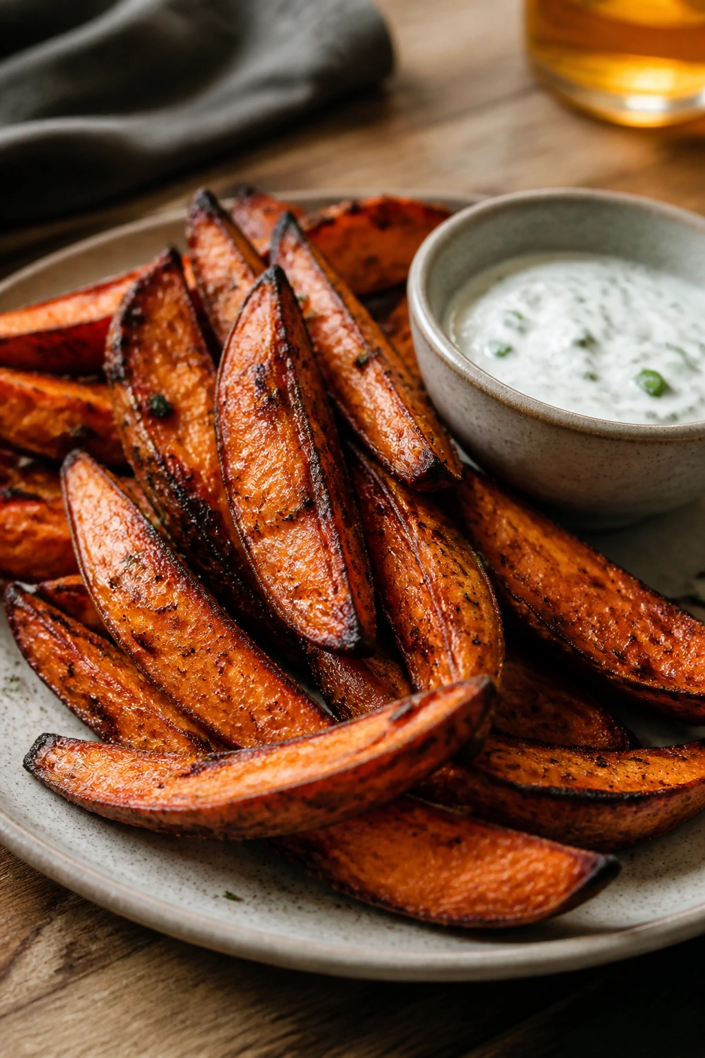 Plate of smoky roasted sweet potato wedges with yogurt dip