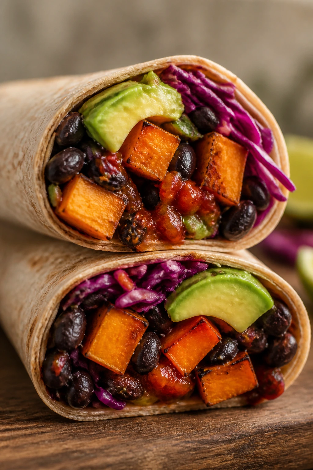 Cross-section of Sweet Potato Black Bean Wrap with potato, beans, cabbage and avocado