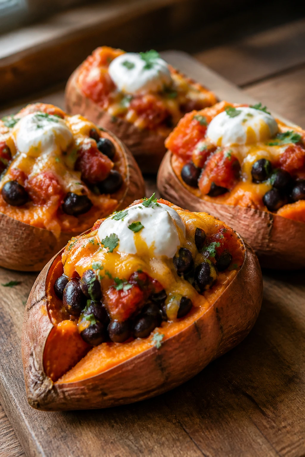 Close-up of stuffed baked sweet potatoes with black beans on a rustic board