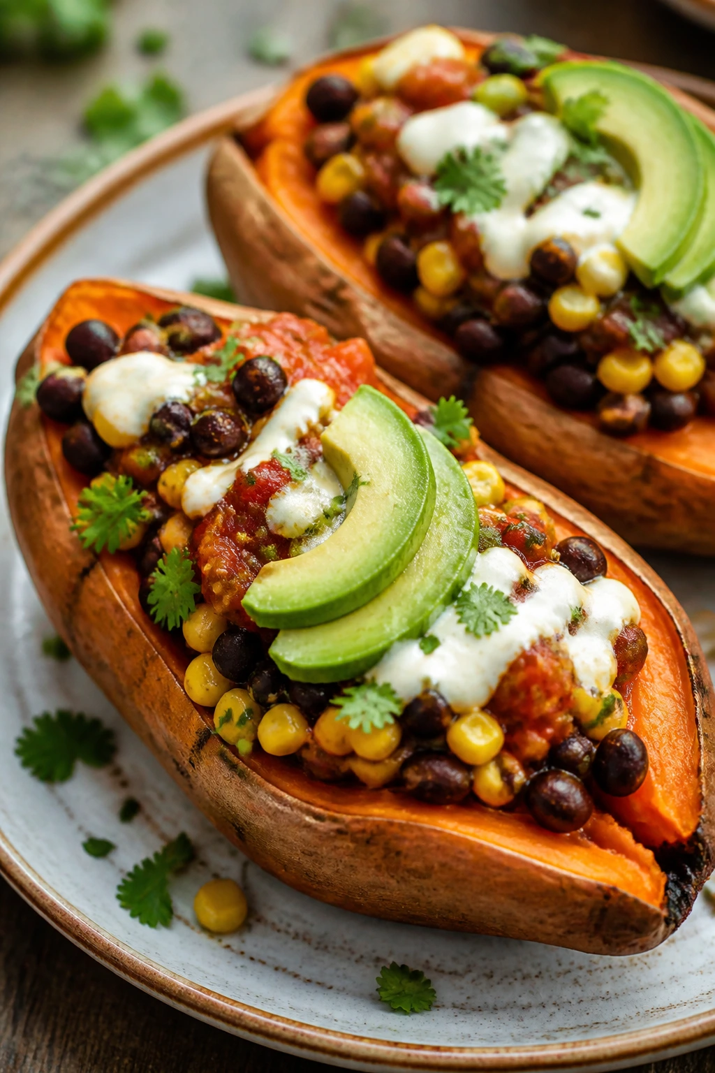 Loaded sweet potatoes with taco beans, salsa, and avocado topping