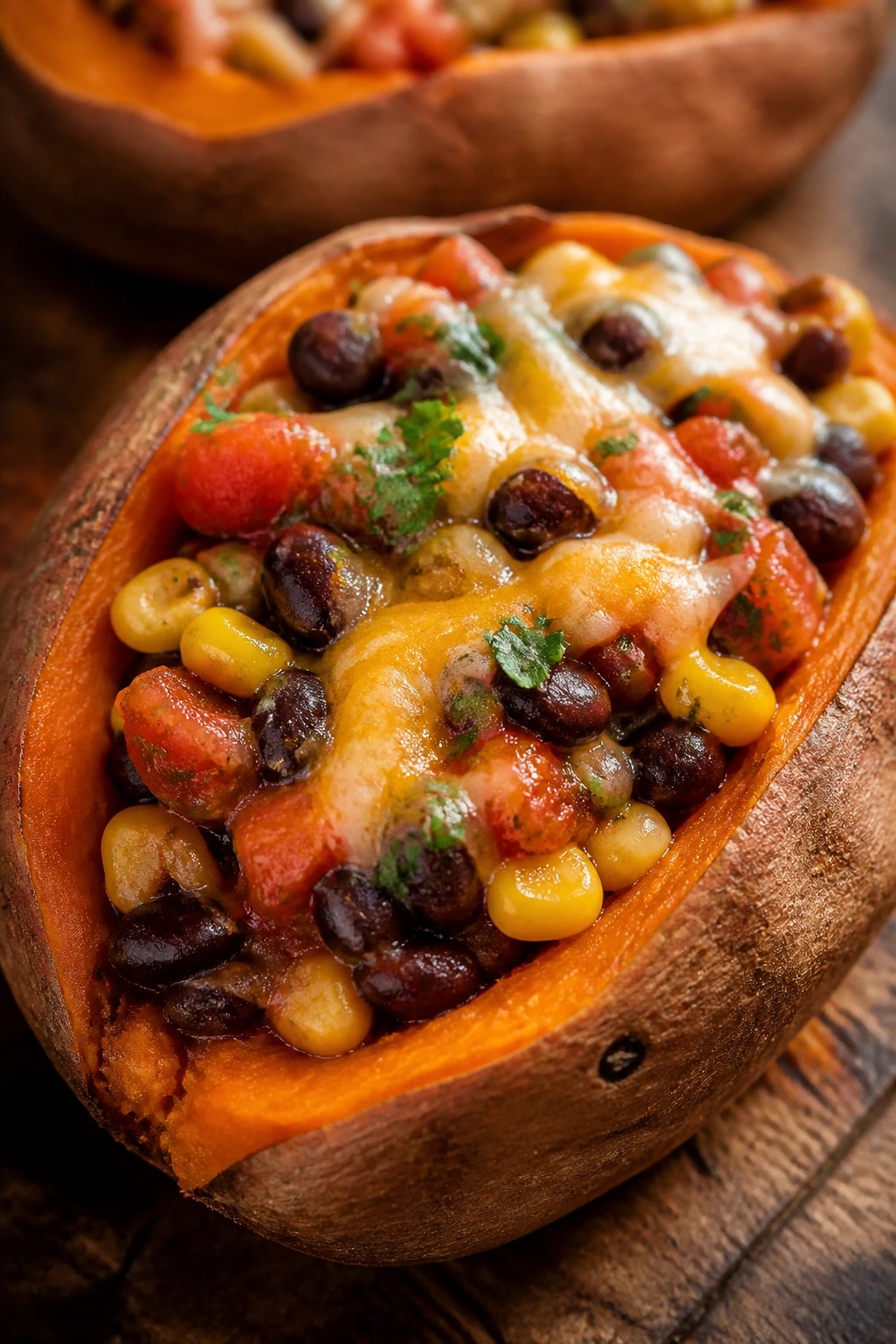 Half baked sweet potato stuffed with beans corn and cheese