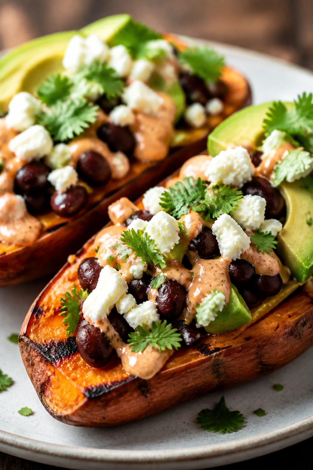 Halved grilled sweet potatoes topped with beans crema avocado and cilantro