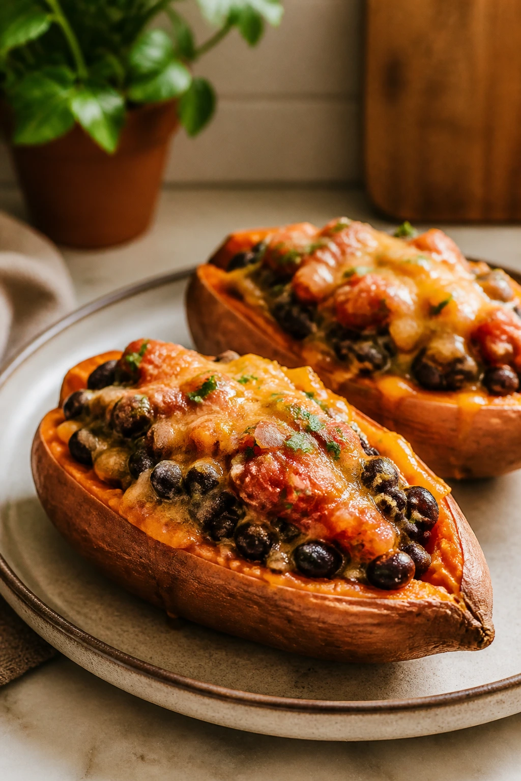Two stuffed sweet potatoes with black beans and salsa on a plate
