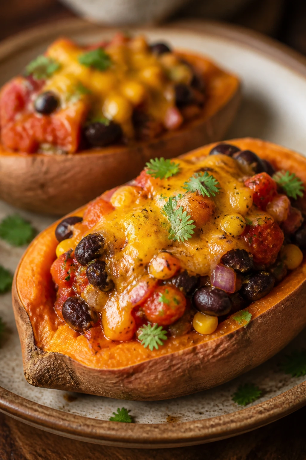 Close-up of stuffed sweet potatoes with beans and salsa