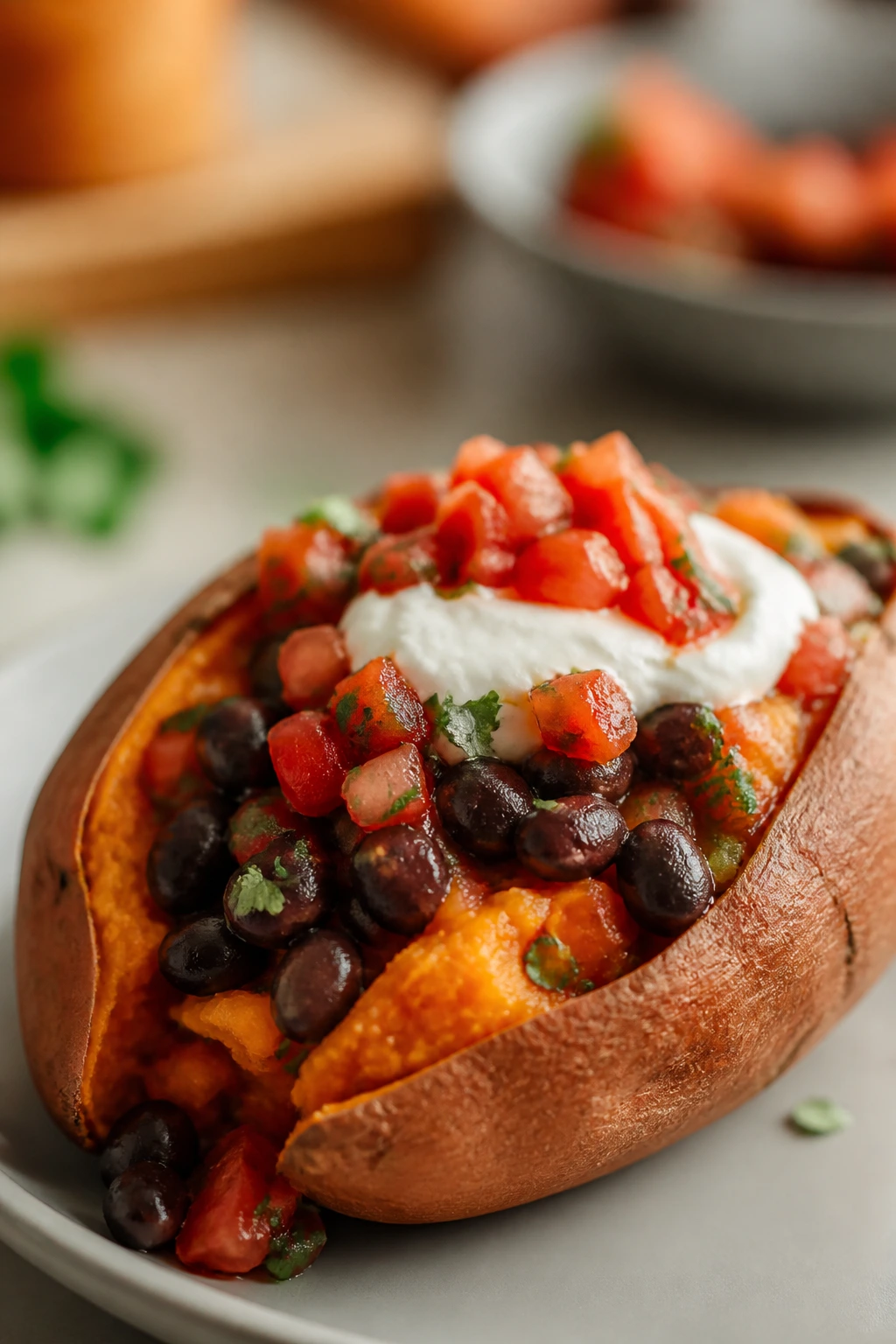 Loaded sweet potatoes with beans salsa and yogurt on a plate