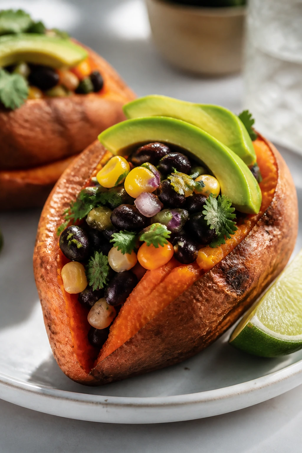 Split sweet potato stuffed with black beans and avocado on a bright kitchen counter