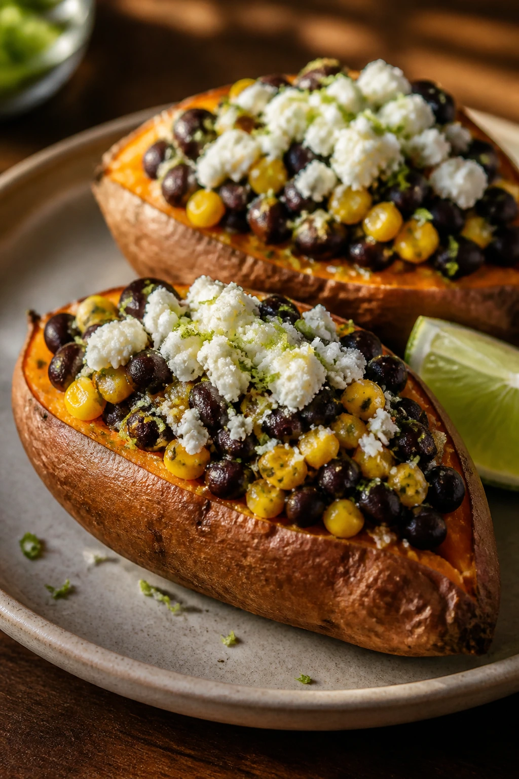 Close-up of two stuffed sweet potatoes with cotija and lime
