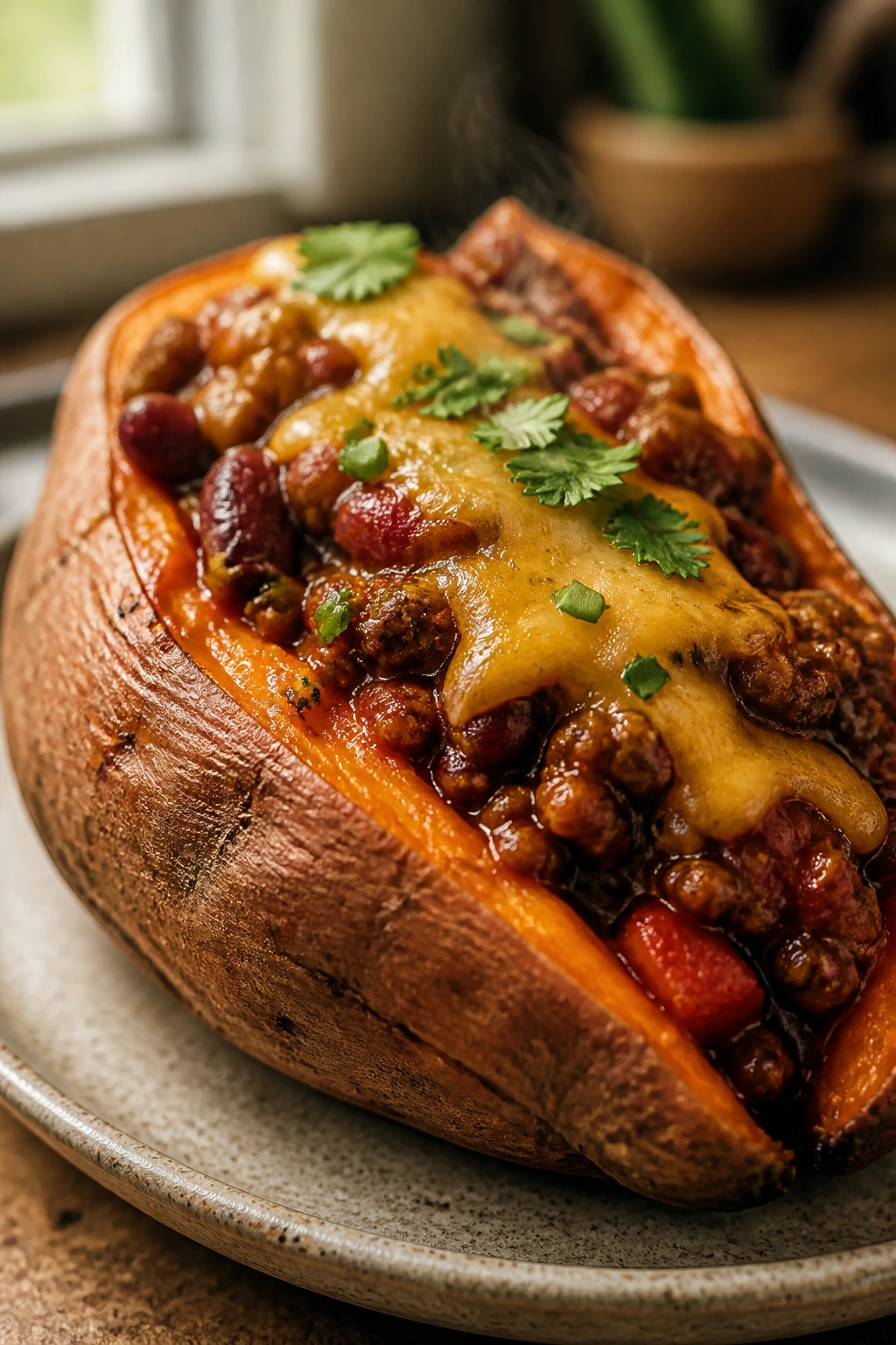 Split sweet potato stuffed with chili and cheddar