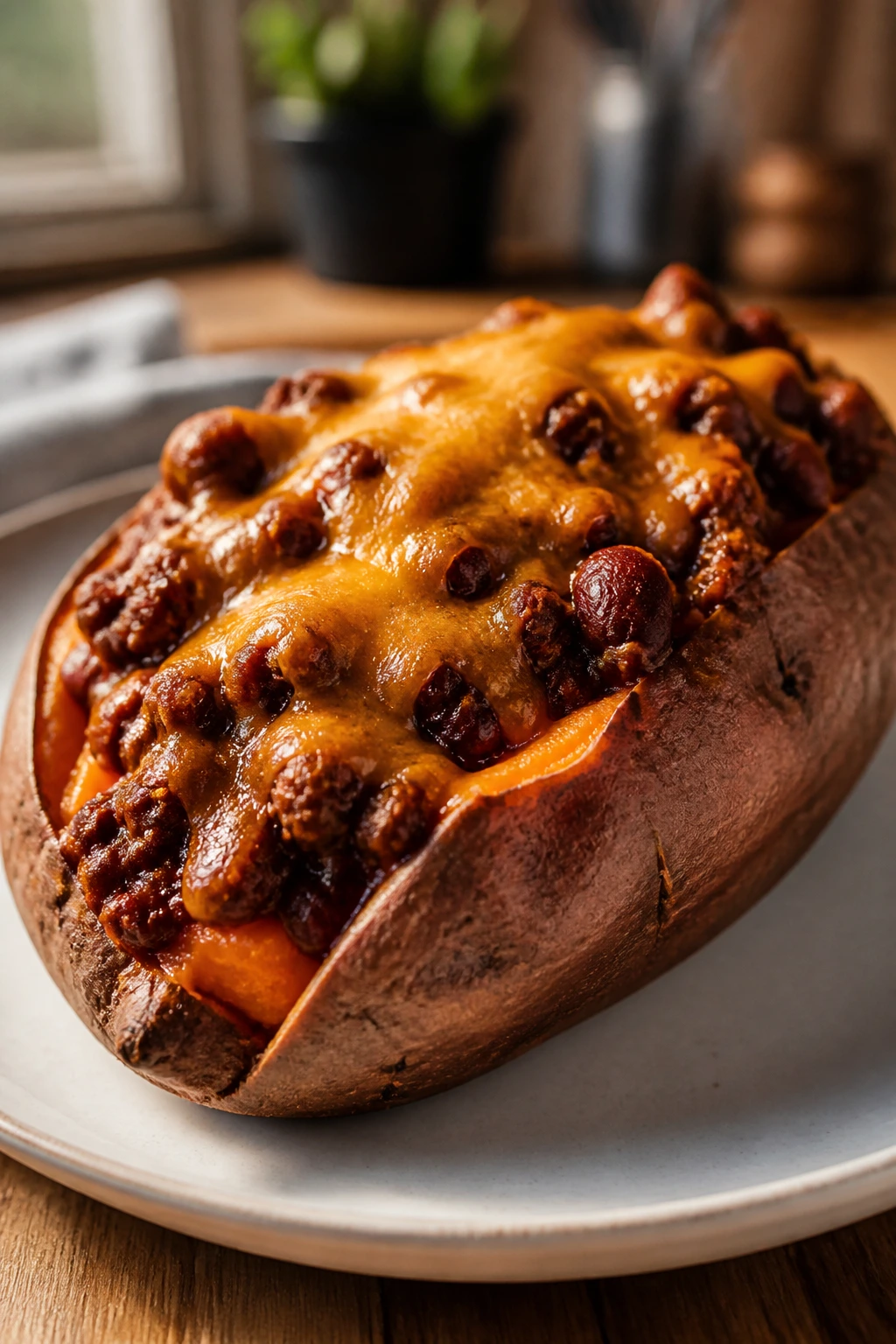 Cross-section of a chili-loaded sweet potato with cheese
