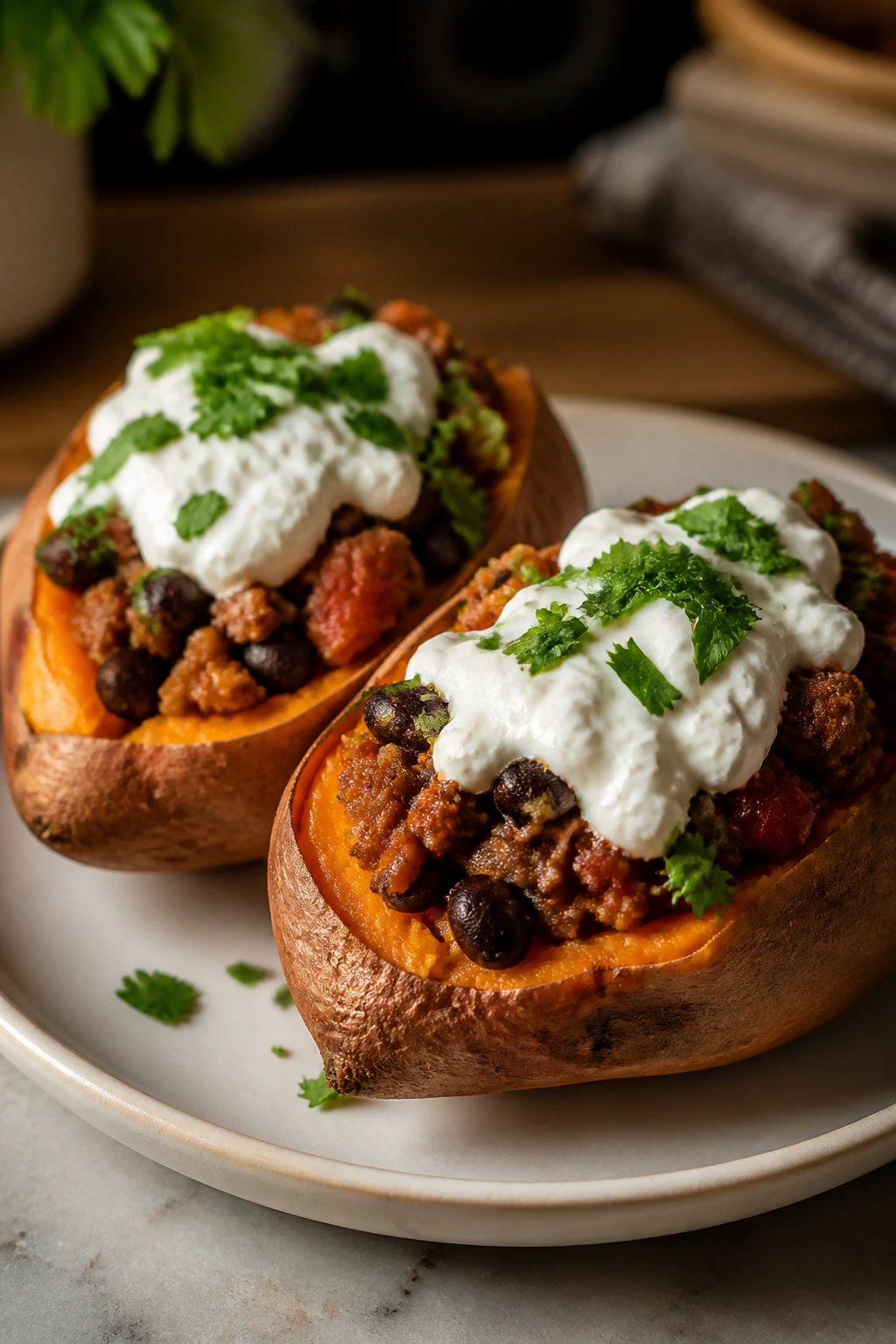 Roasted sweet potato halves with taco filling and cottage cheese crema