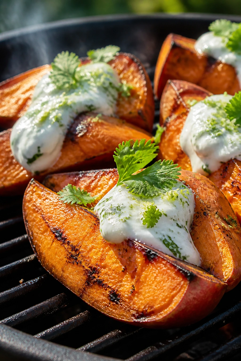 Close-up of grilled sweet potato wedges with lime yogurt and cilantro on a backyard grill