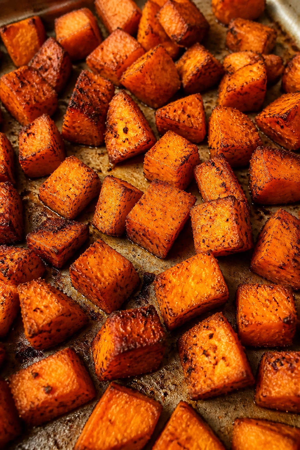 Caramel-edged roasted sweet potato cubes on a sheet pan.