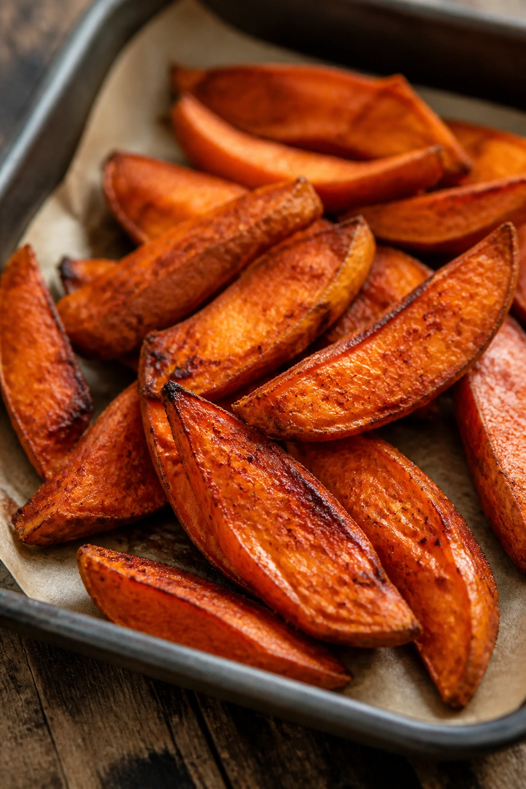 Close-up of paprika-seasoned sweet potato wedges