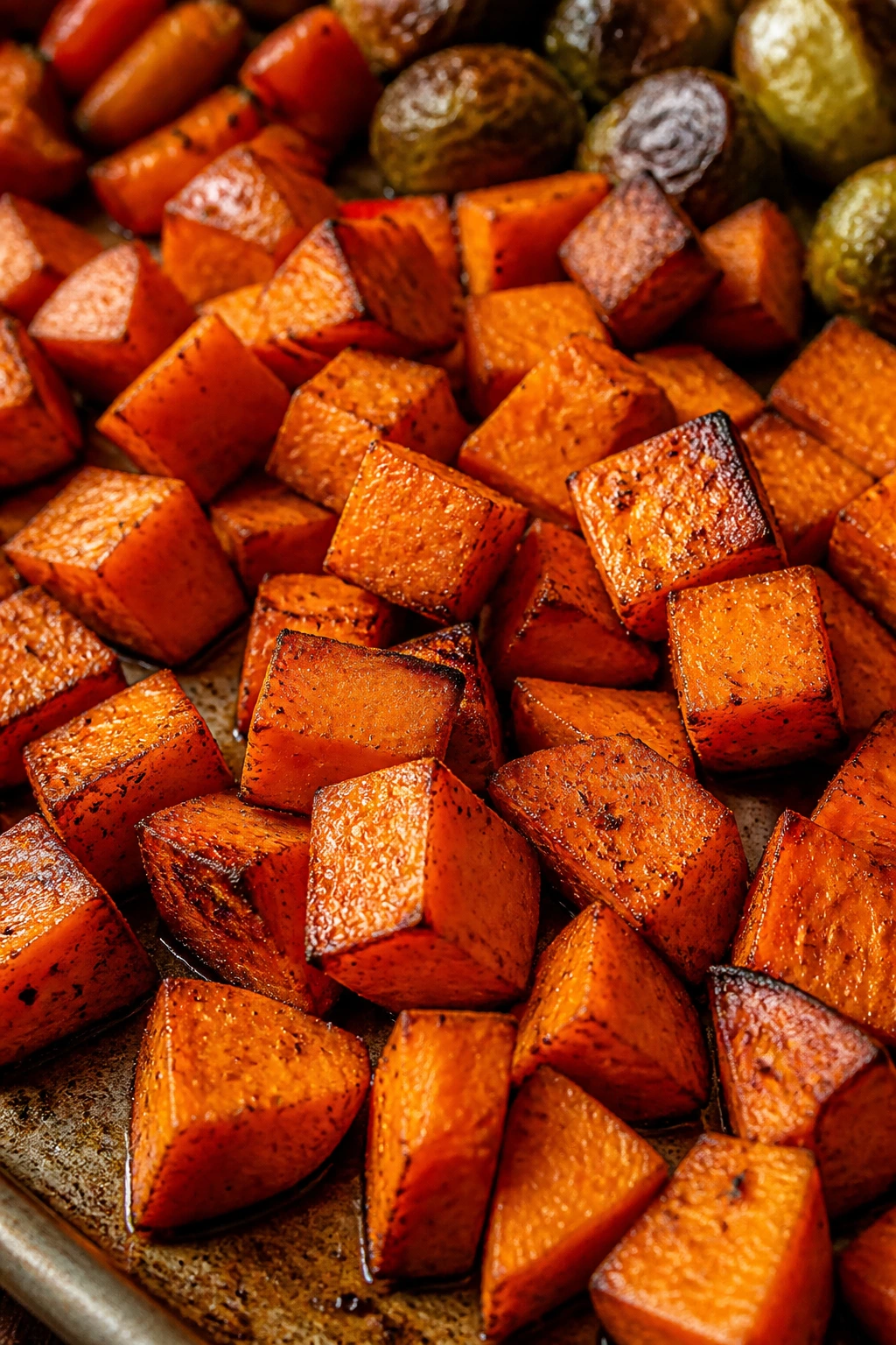 Close-up of sweet potato cubes browning on a sheet pan