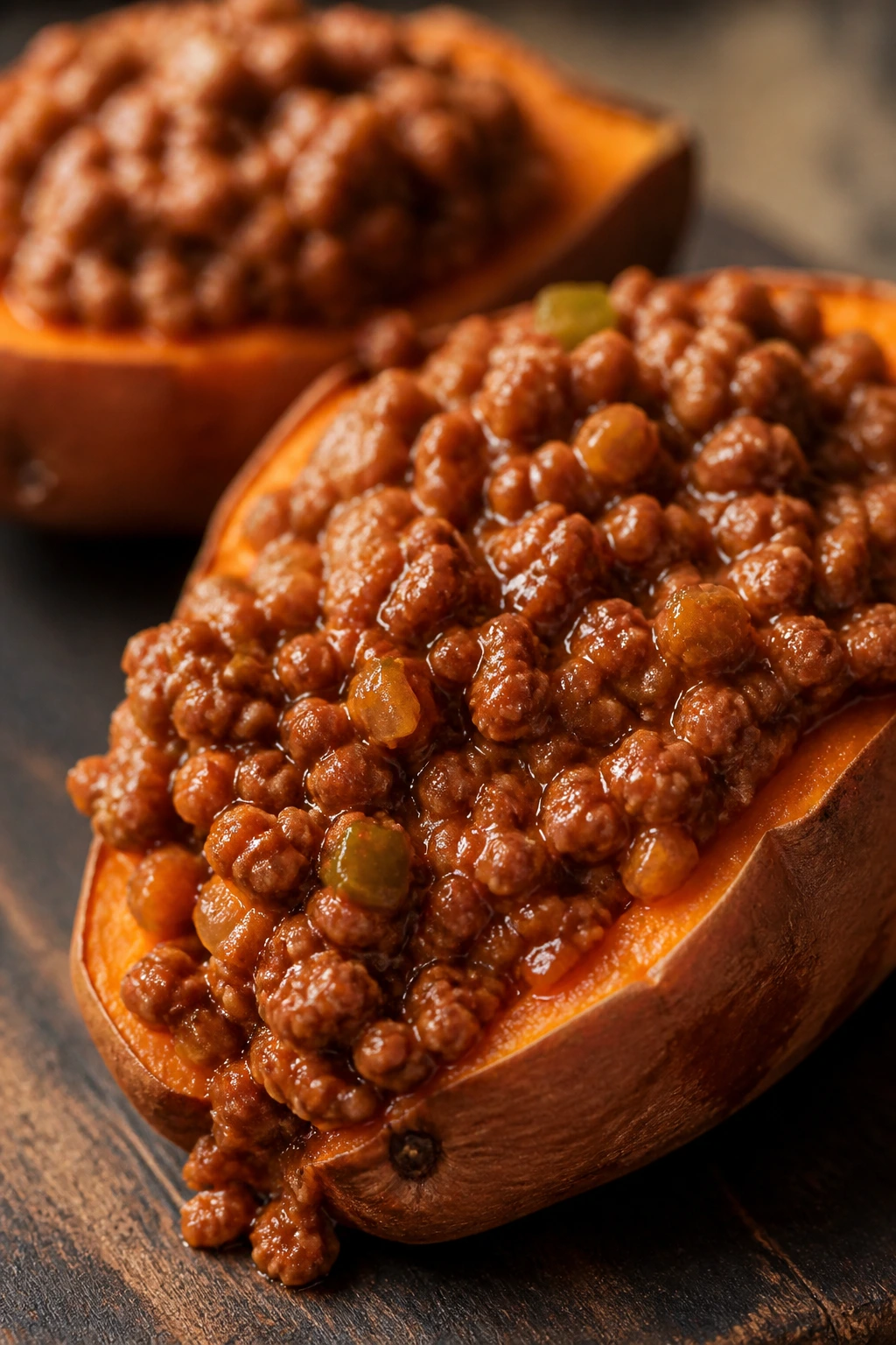Halved baked sweet potato stuffed with sloppy joe filling