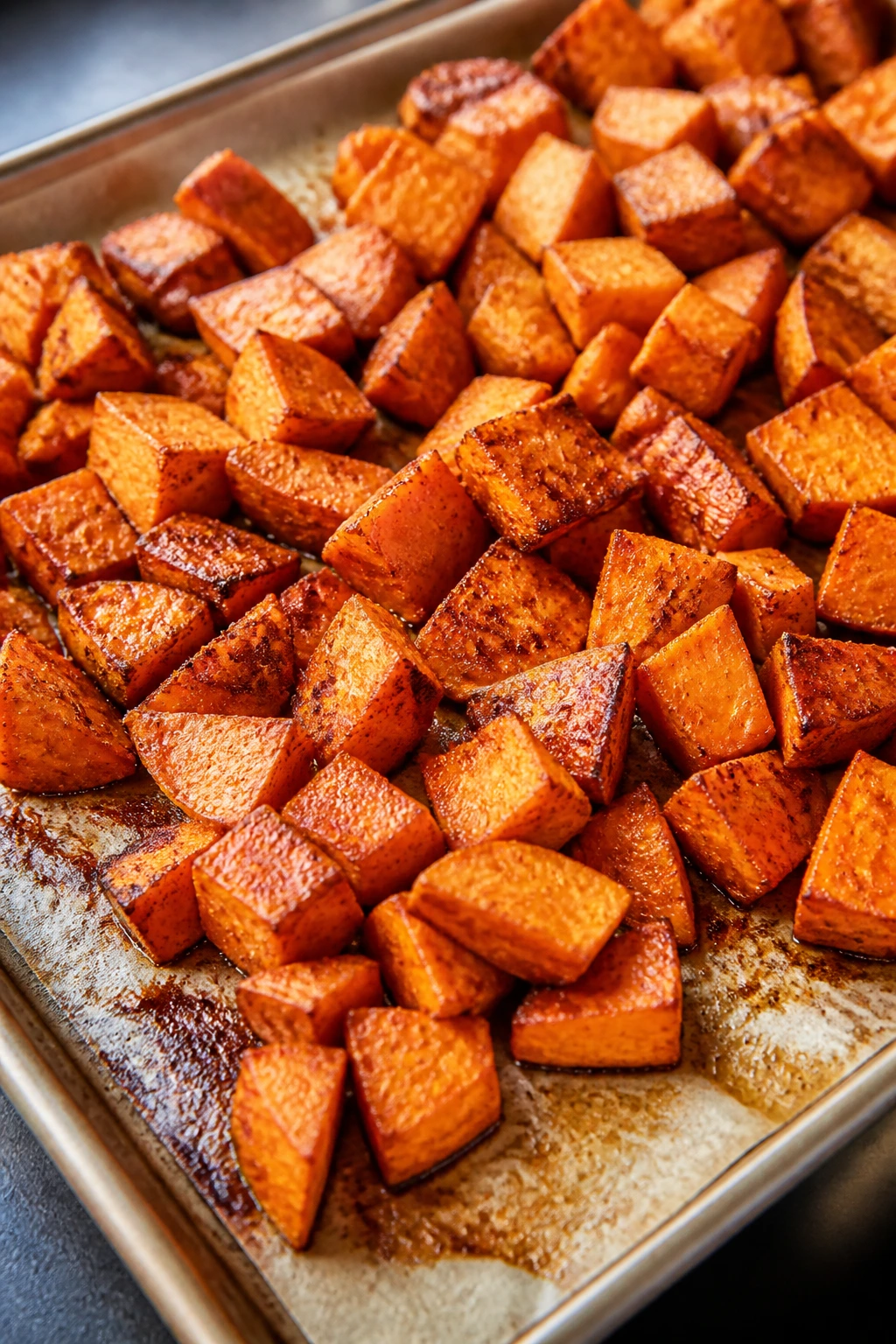 Cubed sweet potatoes seasoned with smoked paprika on a baking sheet