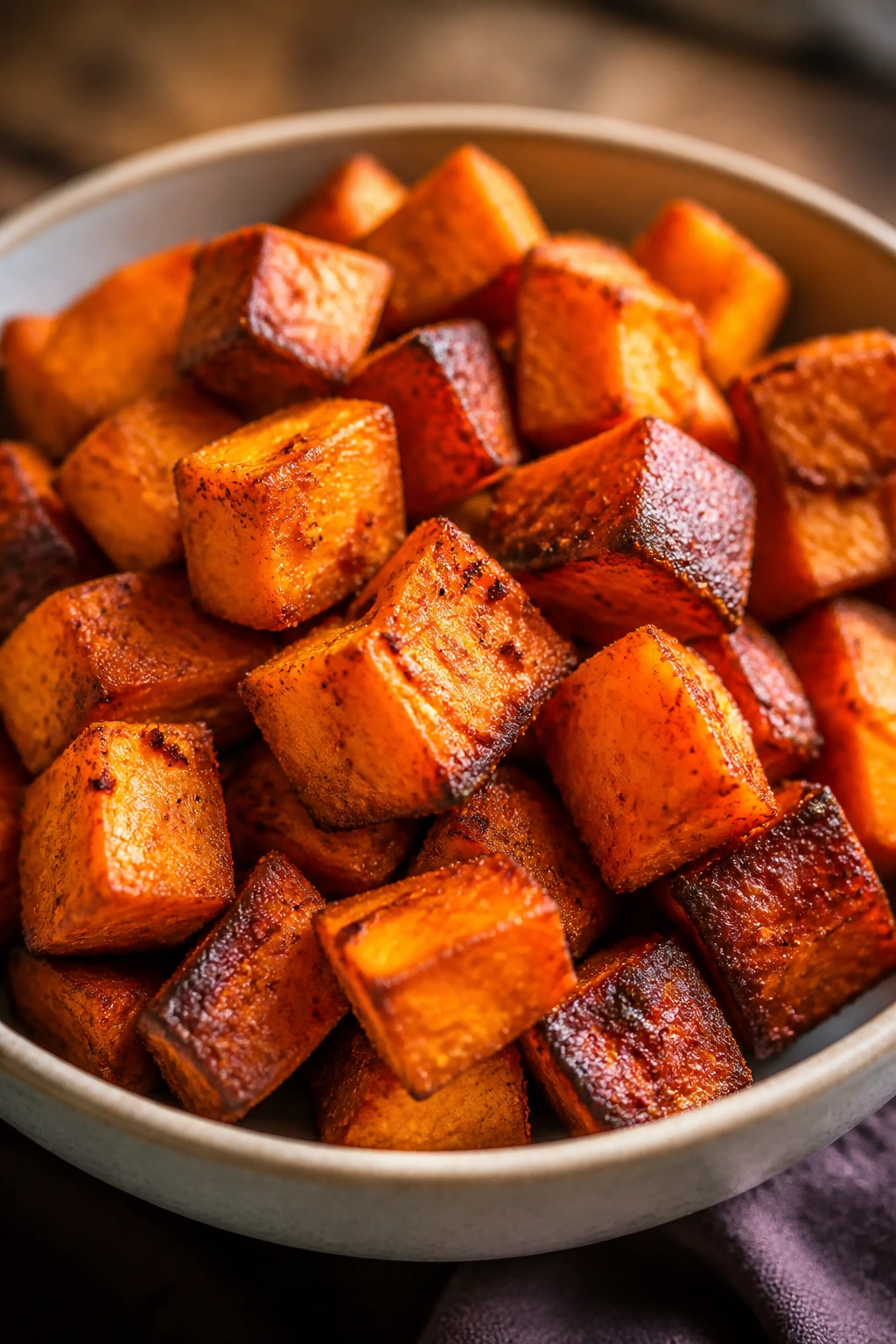 Roasted sweet potato cubes with smoked paprika in a bowl
