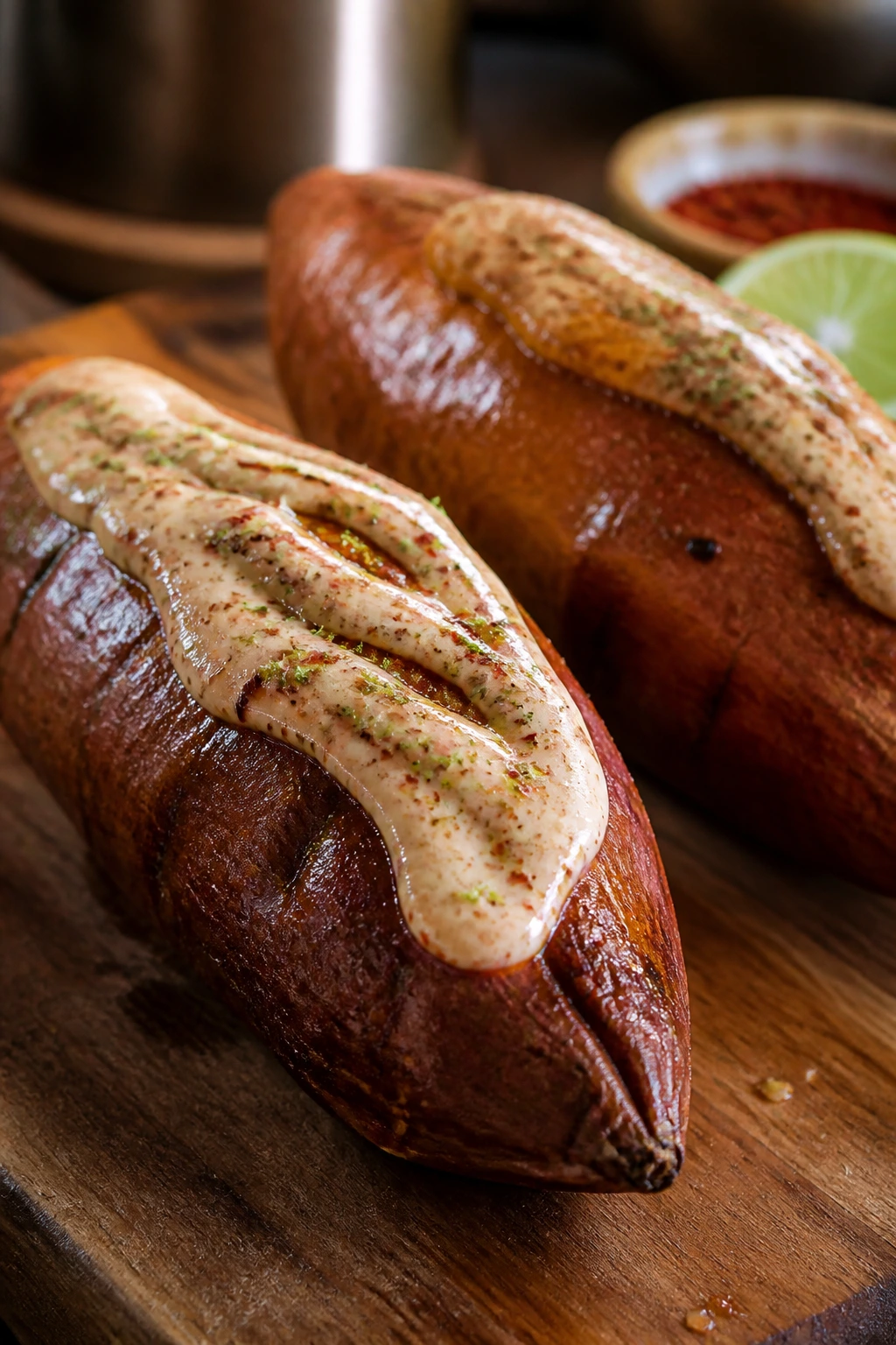 Whole smoked sweet potatoes with chili-lime tahini on wood