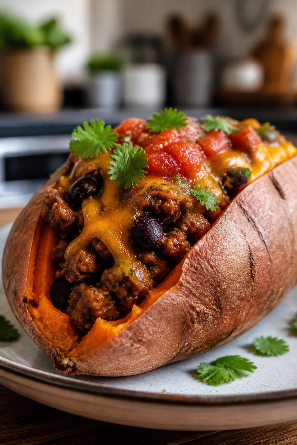 Sweet potato stuffed with taco filling on plate