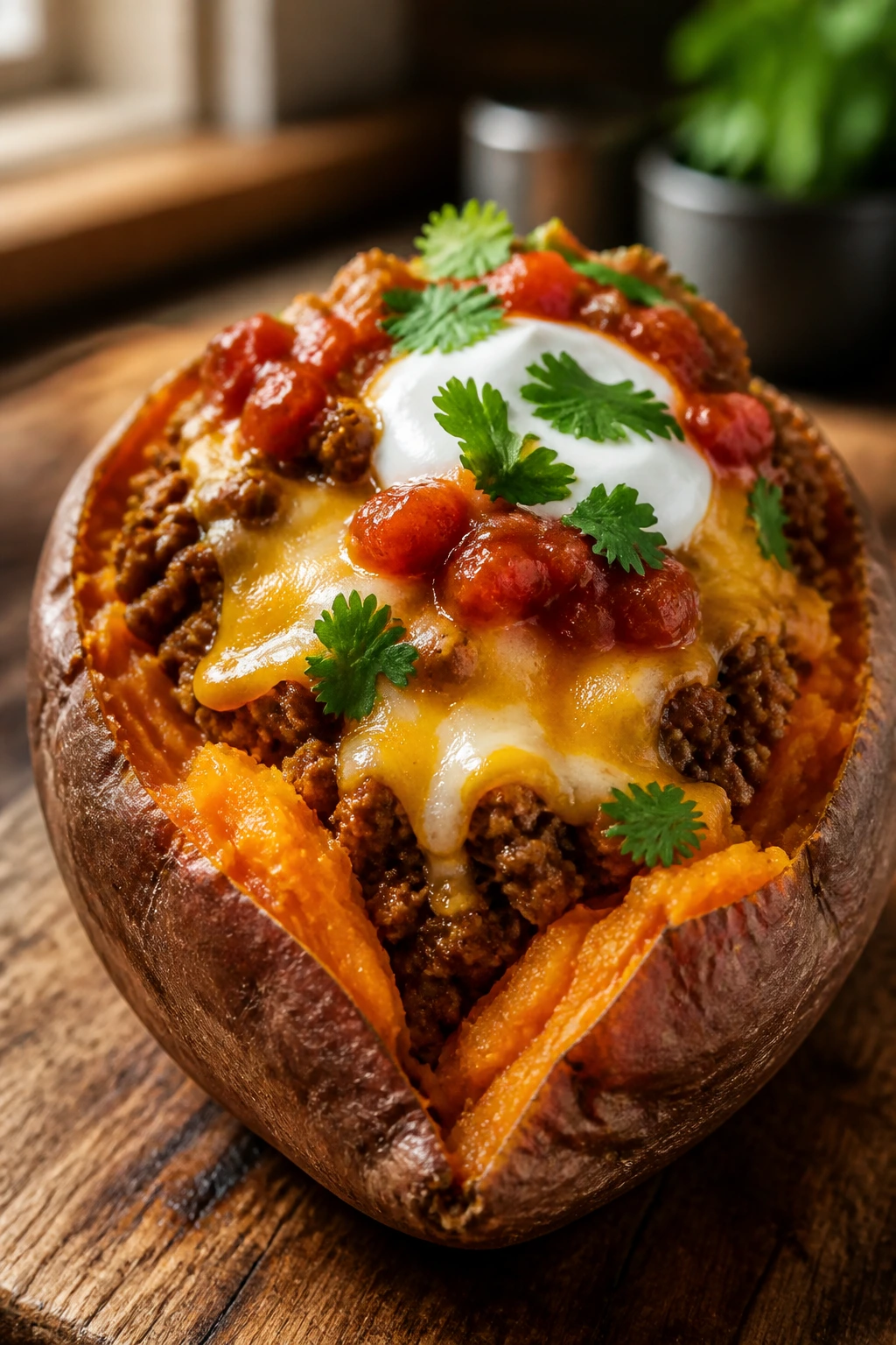 Close-up of a taco stuffed sweet potato with cheese and cilantro on a wooden board