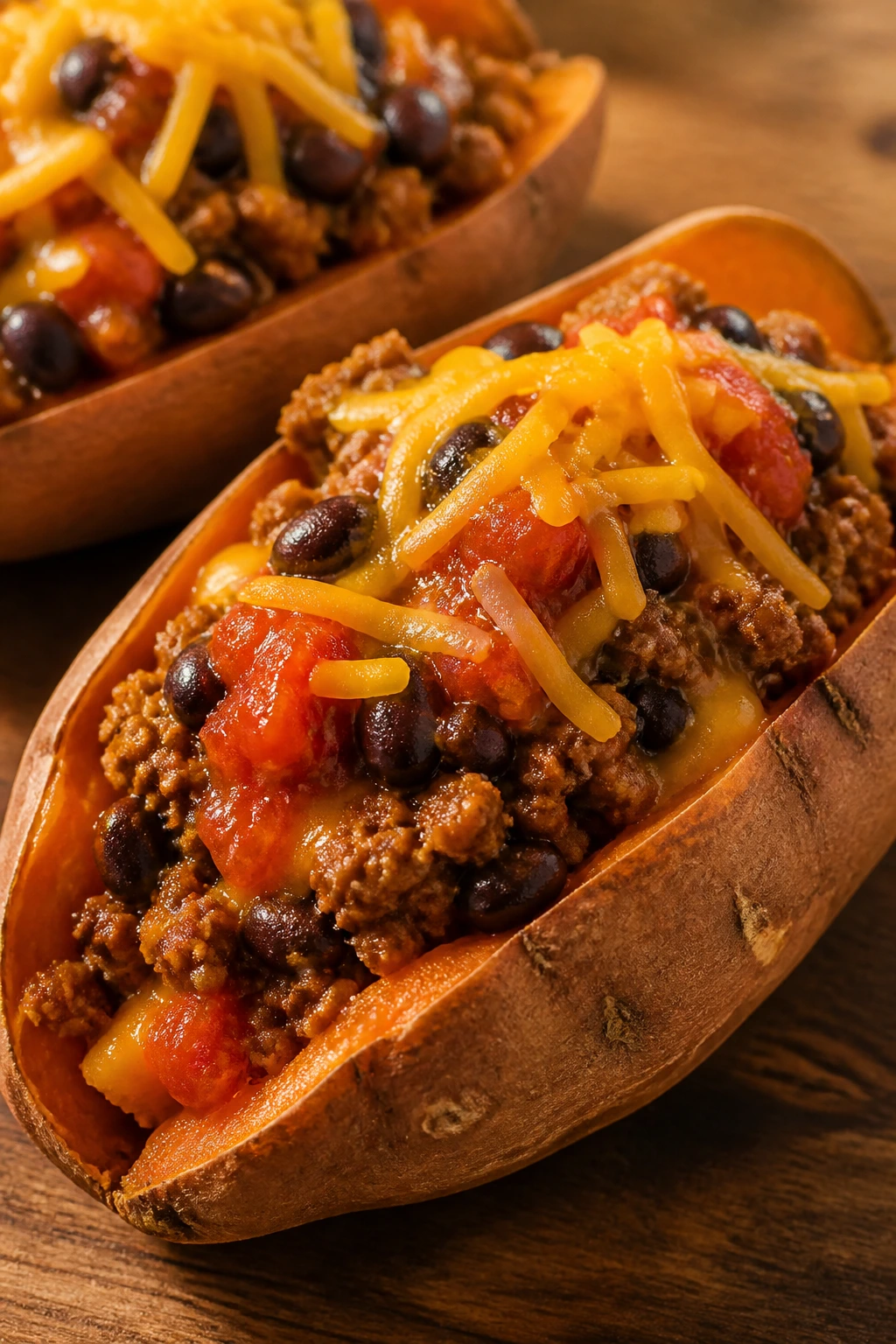 Close-up of taco-stuffed sweet potatoes with beans and salsa