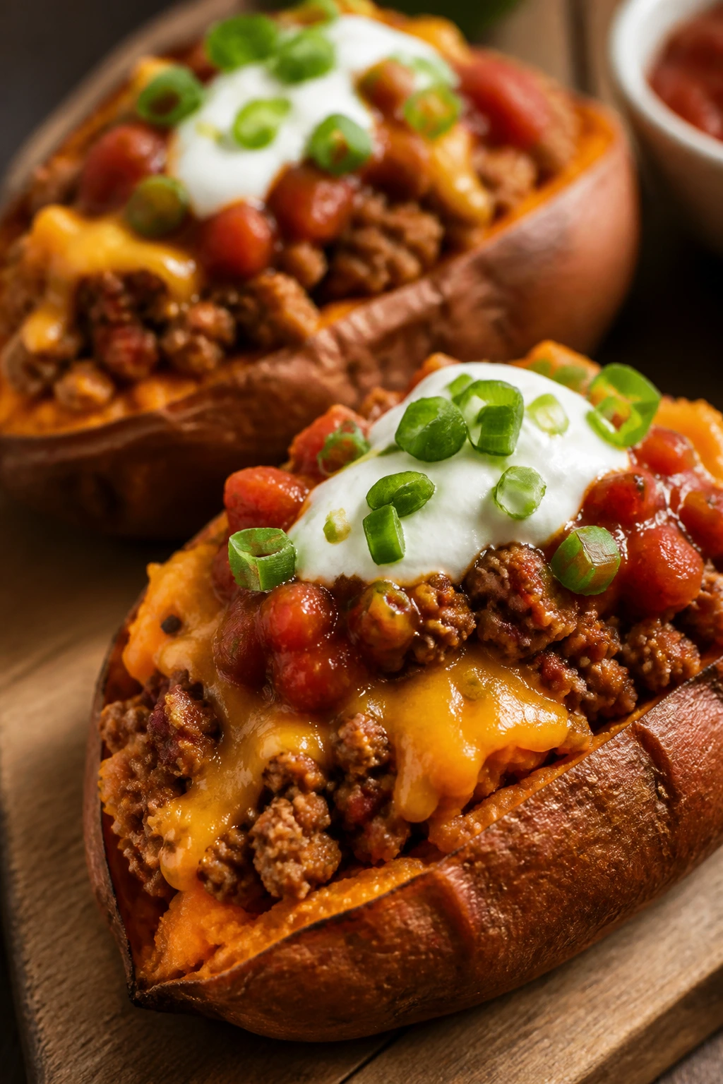 Close-up of taco stuffed sweet potatoes on rustic table