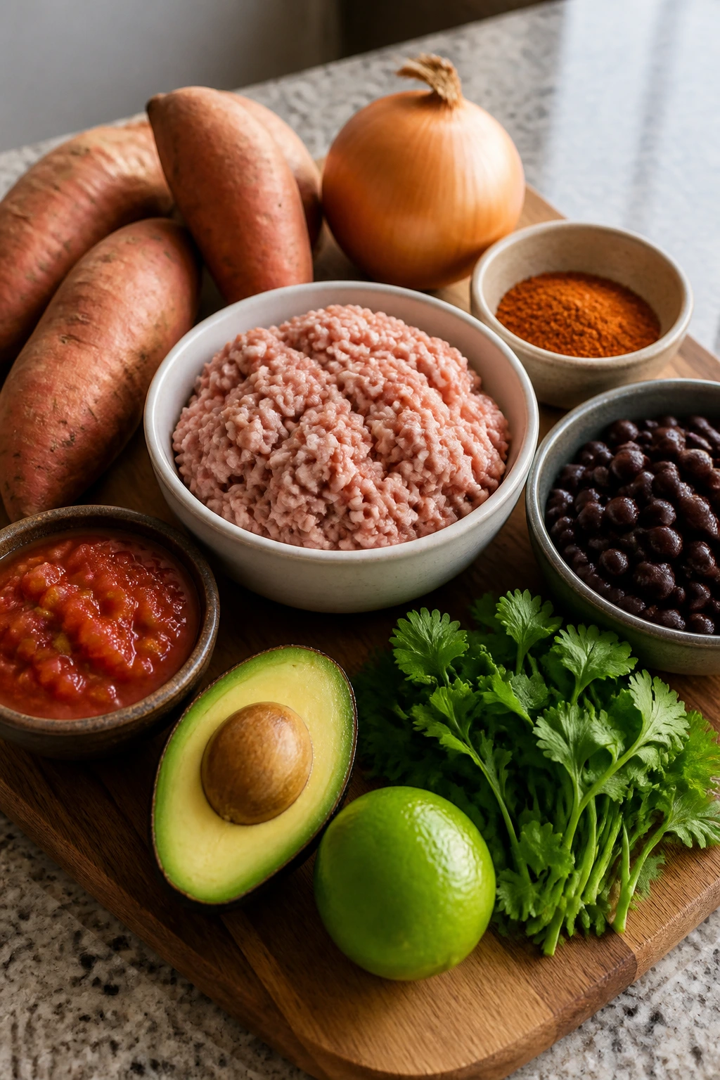 Key ingredients for dairy-free turkey-sweet-potato dish arranged on board