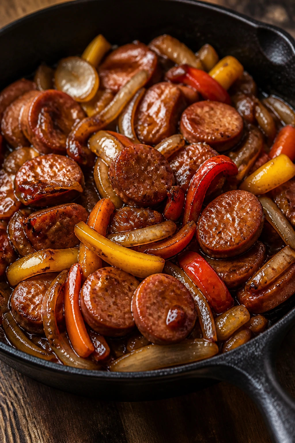 Glossy sausage skillet with caramelized onions and peppers in a brown sugar glaze