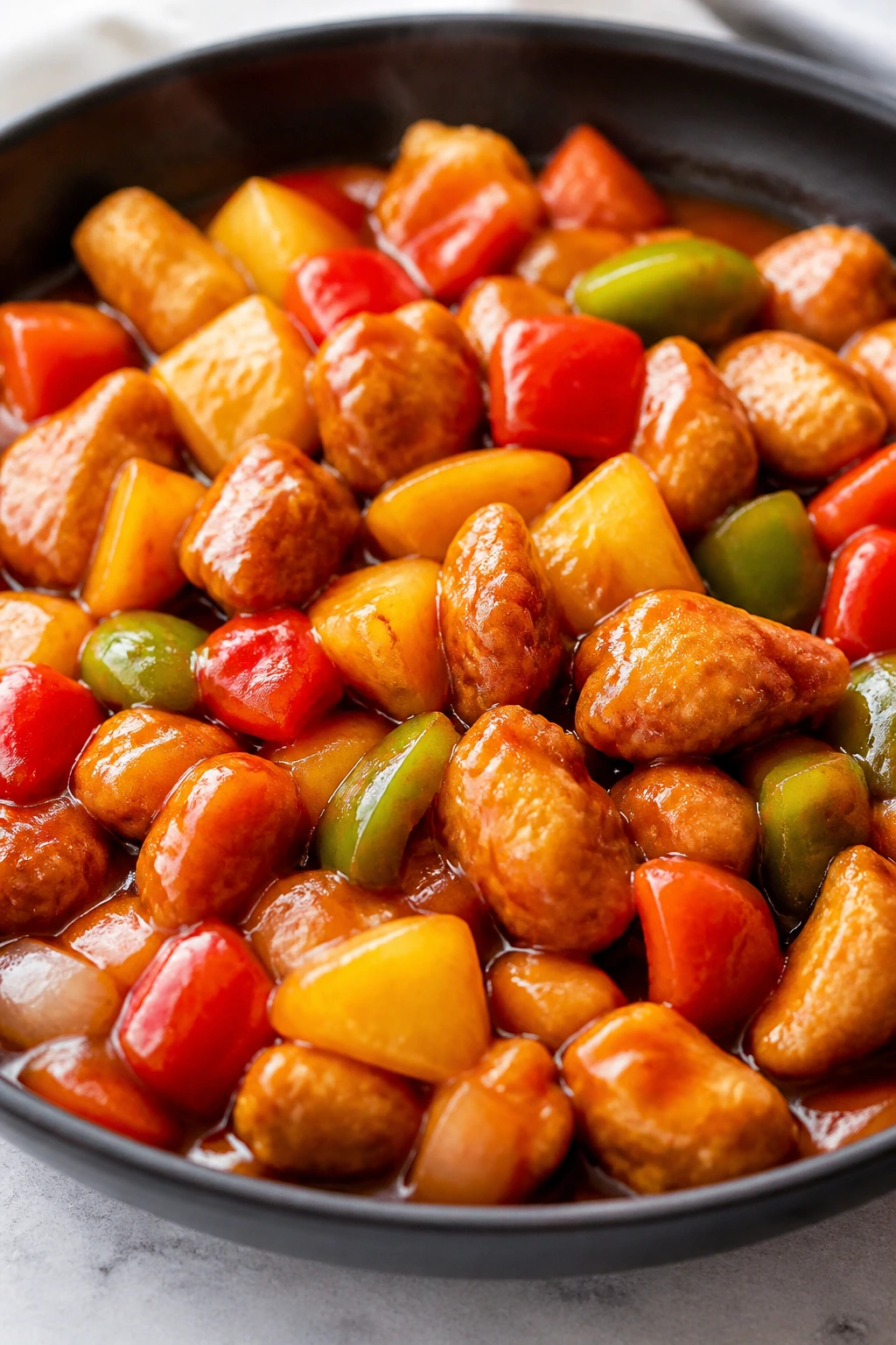 Close-up of Sweet and Sour Chicken with pineapple and peppers in glossy sauce