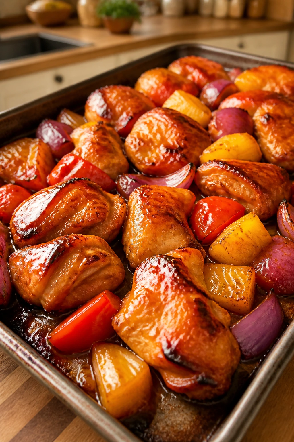 Glossy roasted chicken with peppers and pineapple on a sheet pan