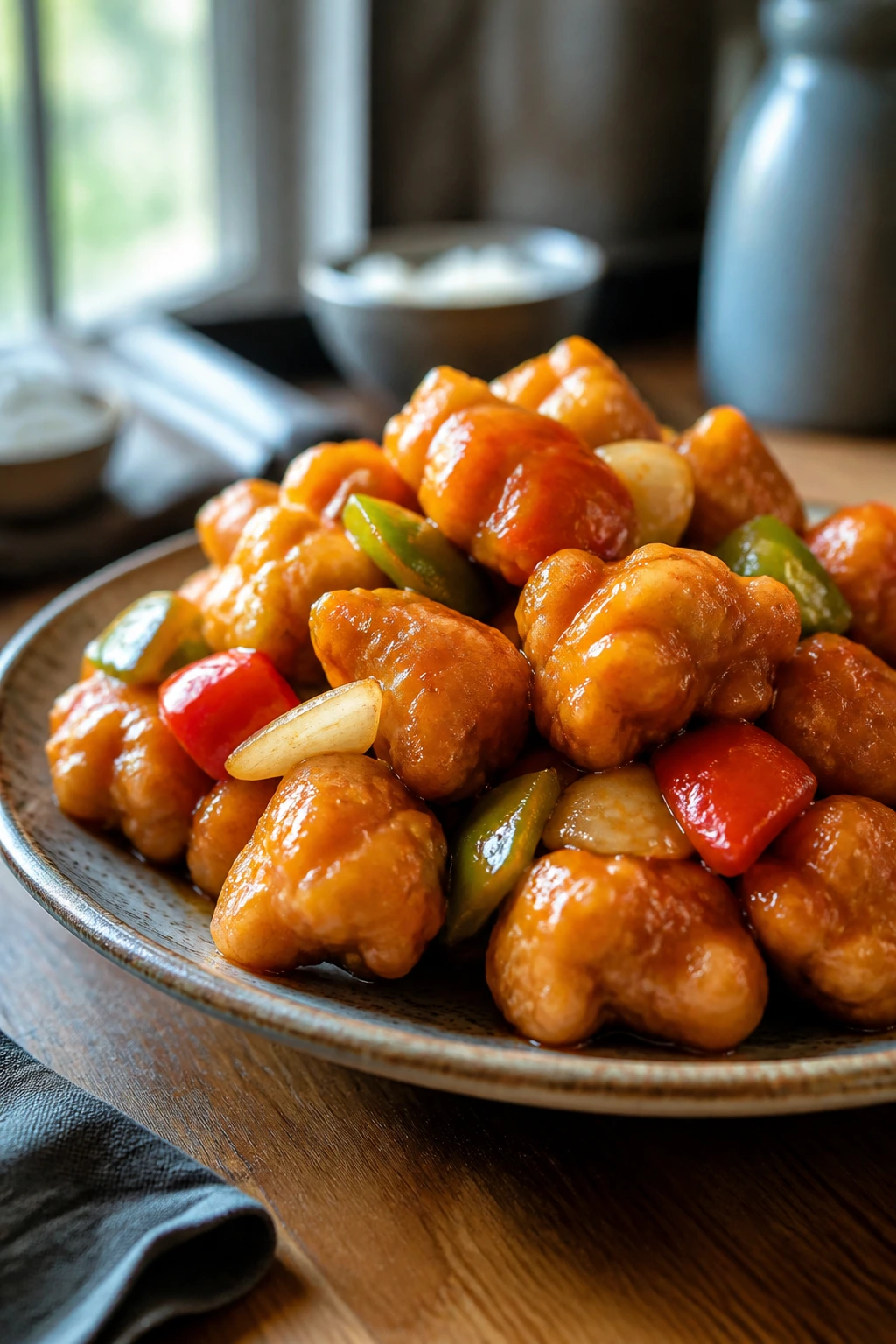 Close-up of crispy Sweet and Sour Chicken on a plate in a warm home kitchen