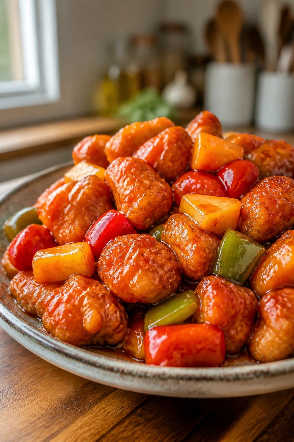 Close-up of crispy sweet-sour chicken with glossy glaze on rustic plate