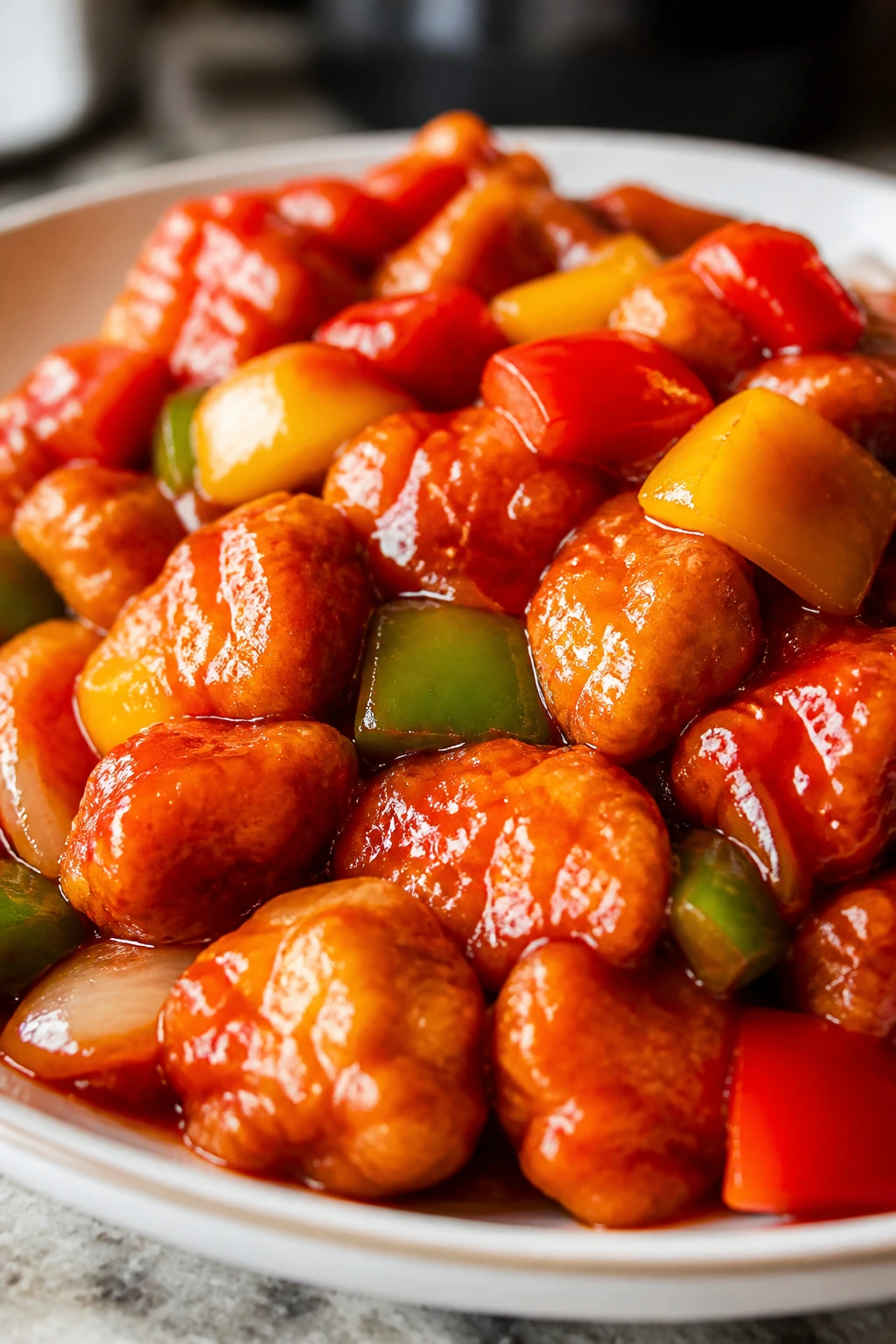 Sweet and sour chicken bites with peppers in glossy sauce