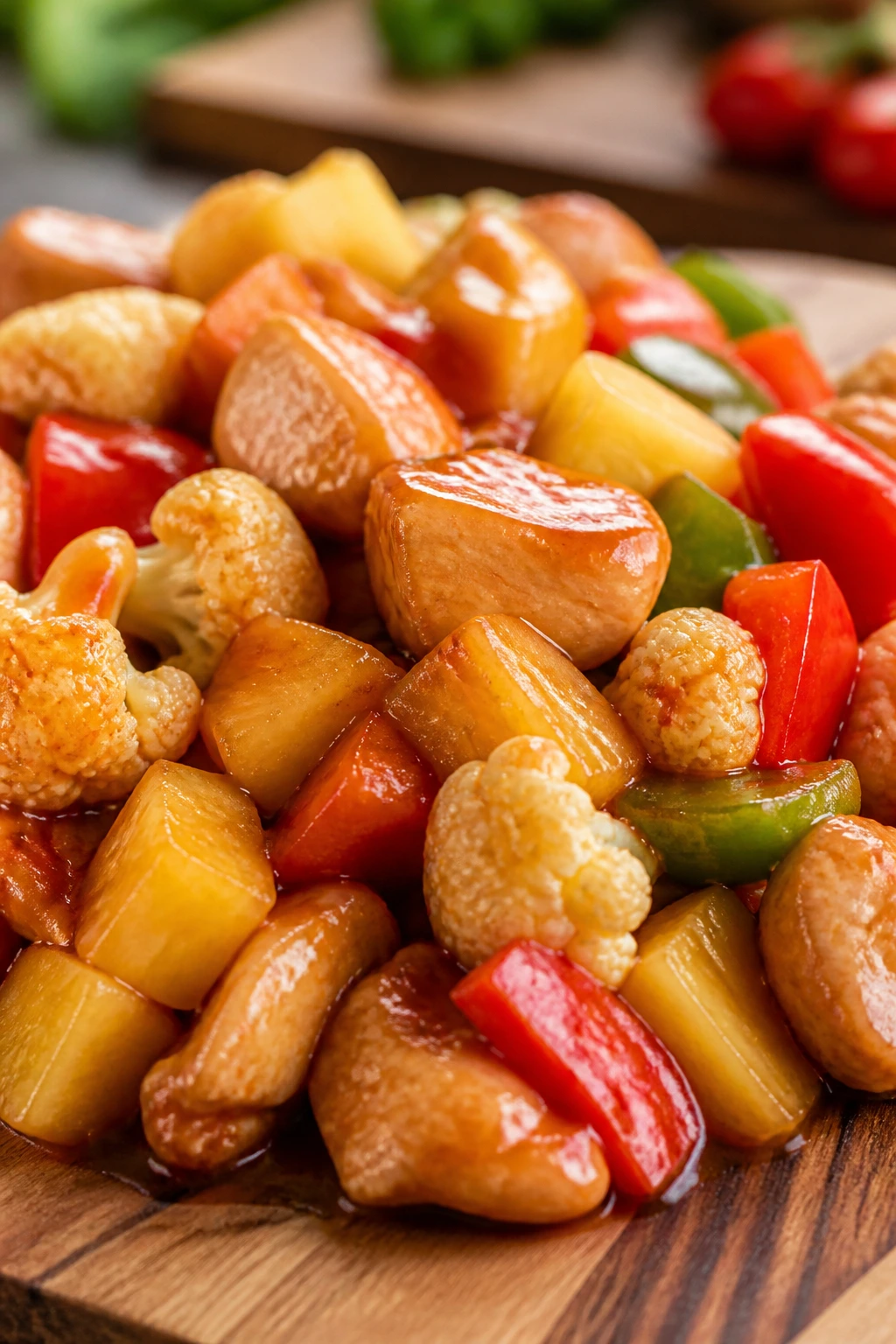 Close-up of sweet and sour chicken with pineapple and cauliflower