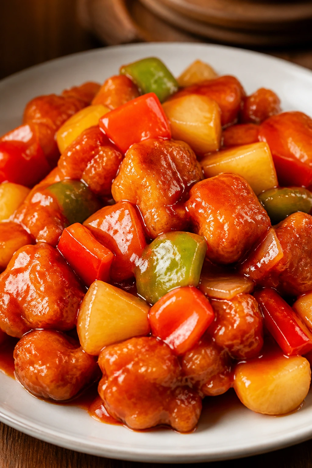 Sweet and sour chicken with pineapple and peppers in glossy sauce