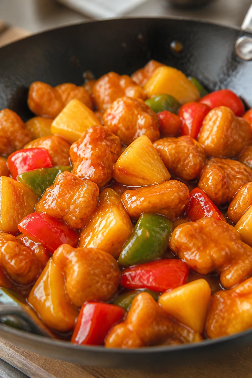 Close-up Sweet and Sour Chicken with pineapple and peppers